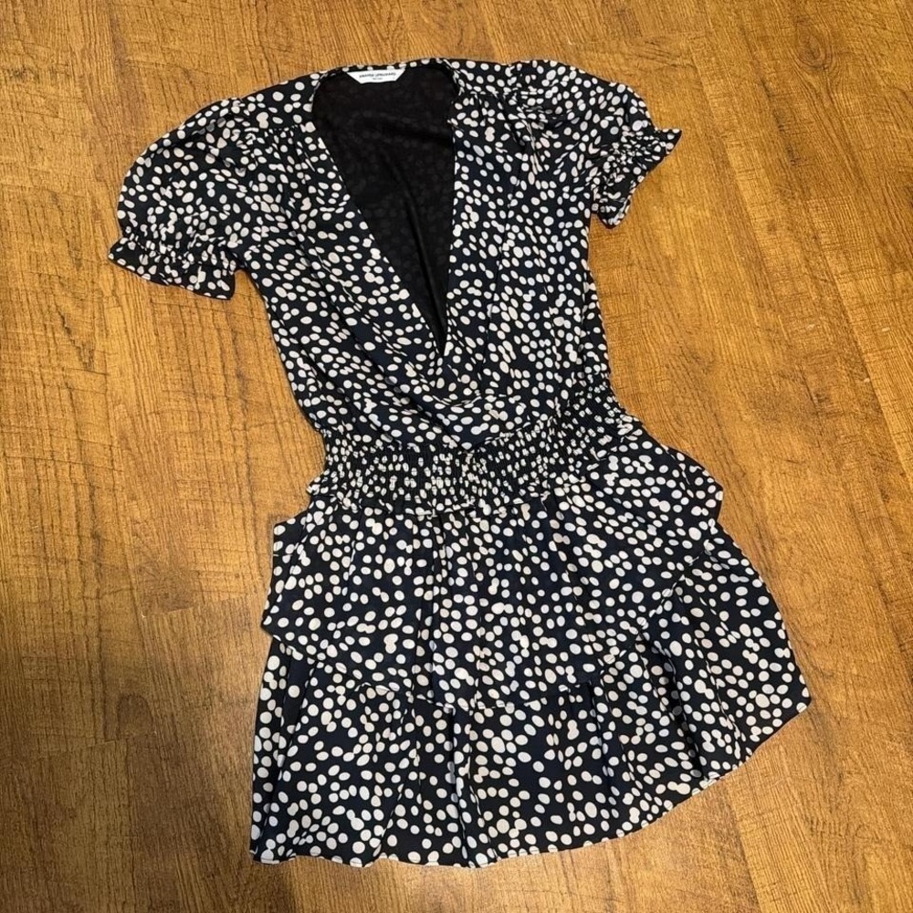 Amanda Uprichard Black and White Polka Dot Smocked Waist Mini Dress